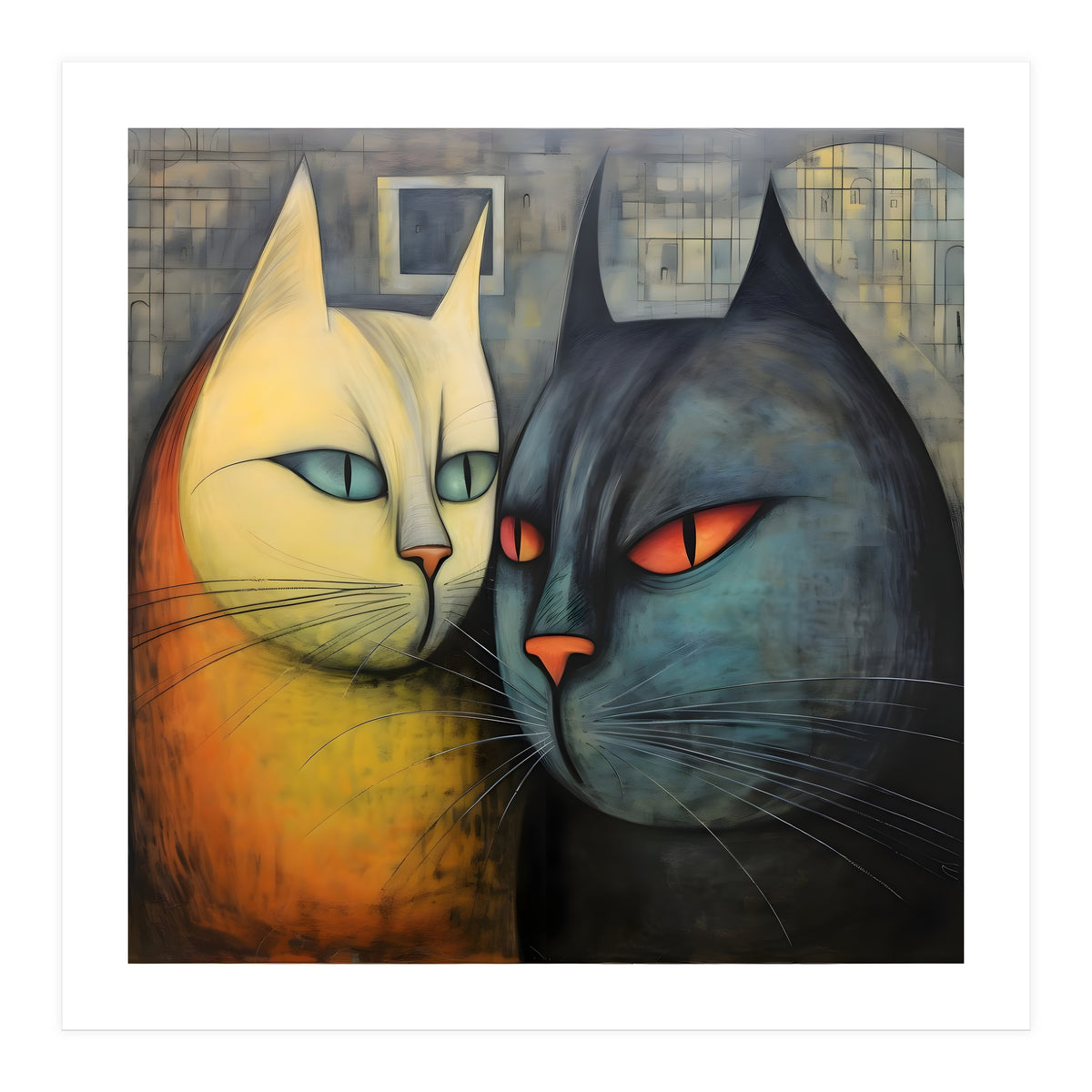 FURRY FRIENDS: GOLDIE AND CHARCOAL, lively duo of animated cats – green eyes, orange eyes. Whiskers charm. (Print Only)