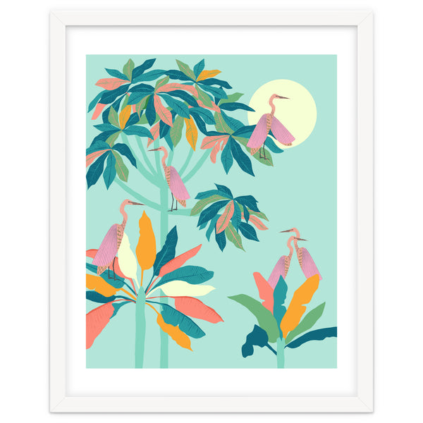 Drawn To The Moon, Stork Heron Flamingo Birds, Tropical Pastel Wildlife Forest Nature, Animals Jungle Bohemian Eclectic Fly
