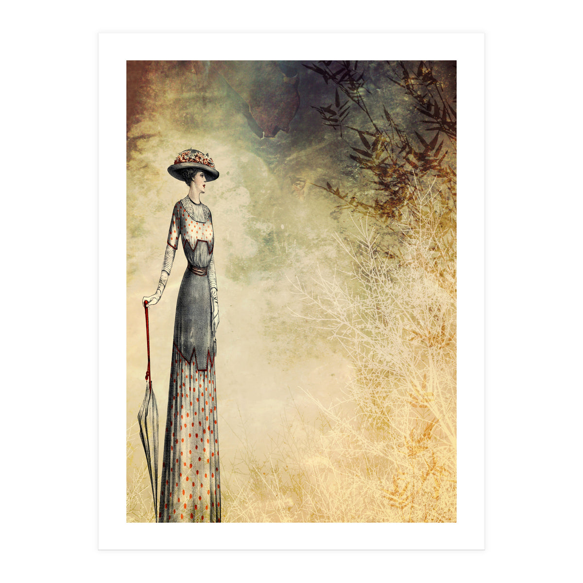 VINTAGE FASHION LADY IN ABSTRACT FOREST II (Print Only)