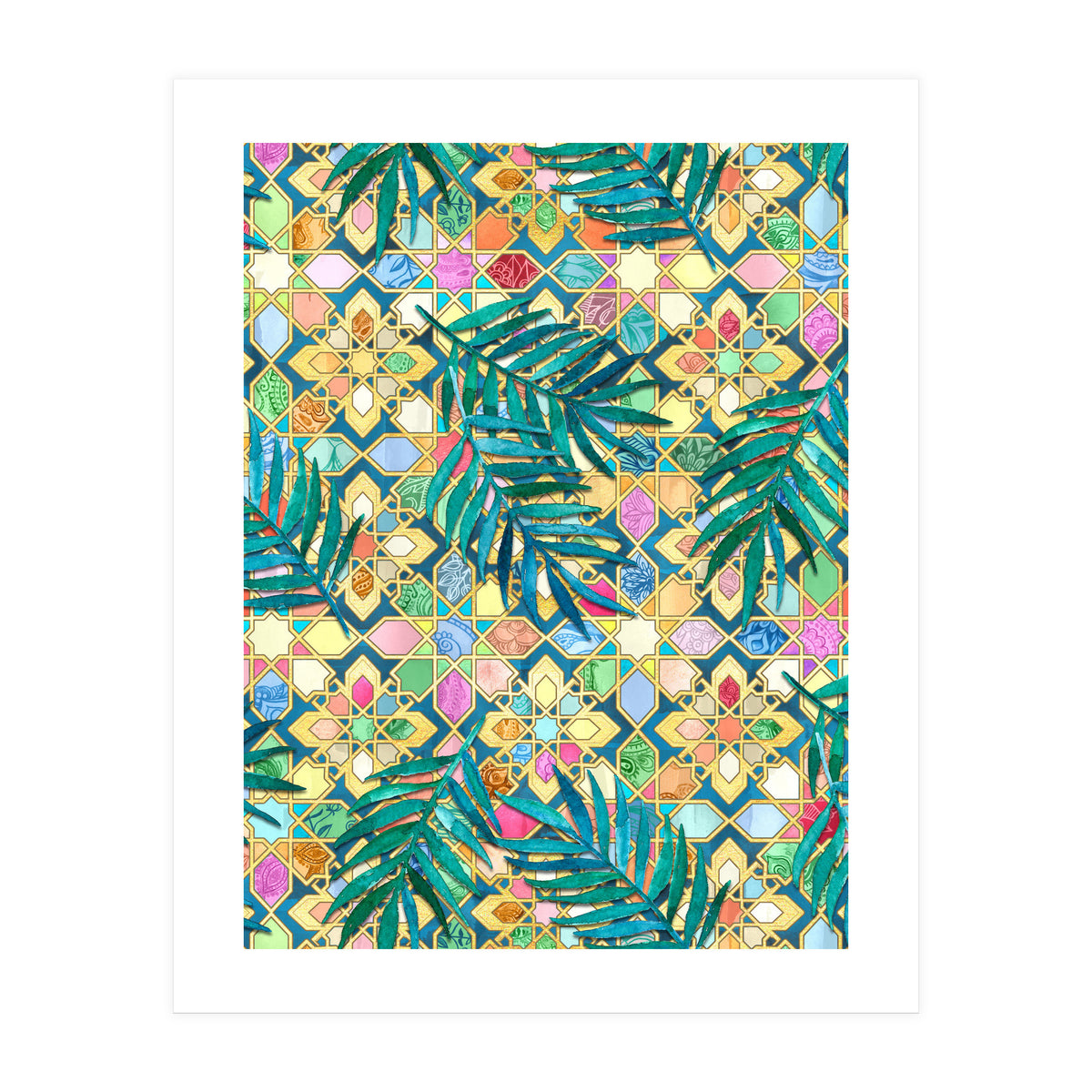 Gilded Moroccan Mosaic Tiles with Palm Leaves (Print Only)