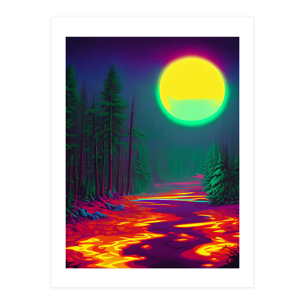 Neon Moon, Color Pop Art Glow Forest, Nature Landscape Adventure, Travel Mystery Eclectic, Contemporary Digital Painting (Print Only)