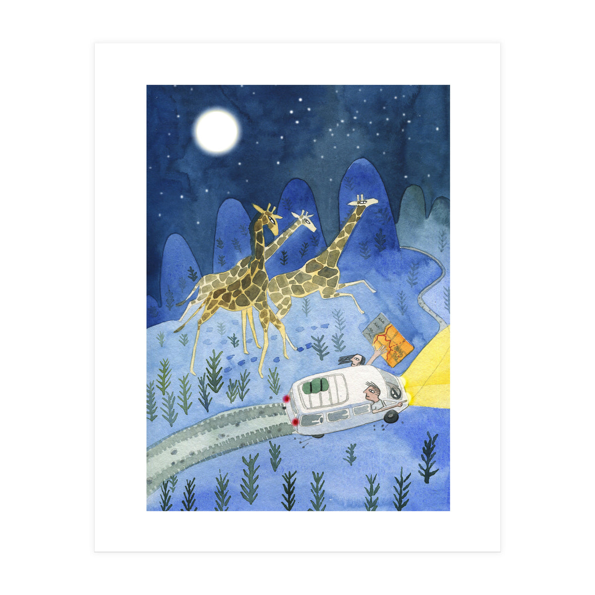 Giraffes In Moonlight (Print Only)