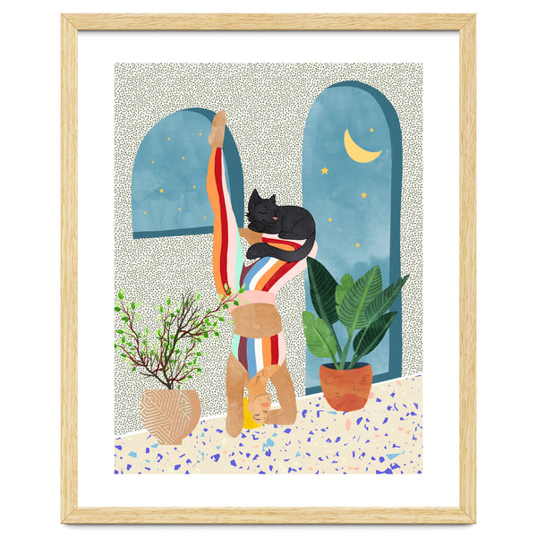 Headstand, Cat Yoga, Active Woman Workout, Eclectic Colorful Pets Terrazzo