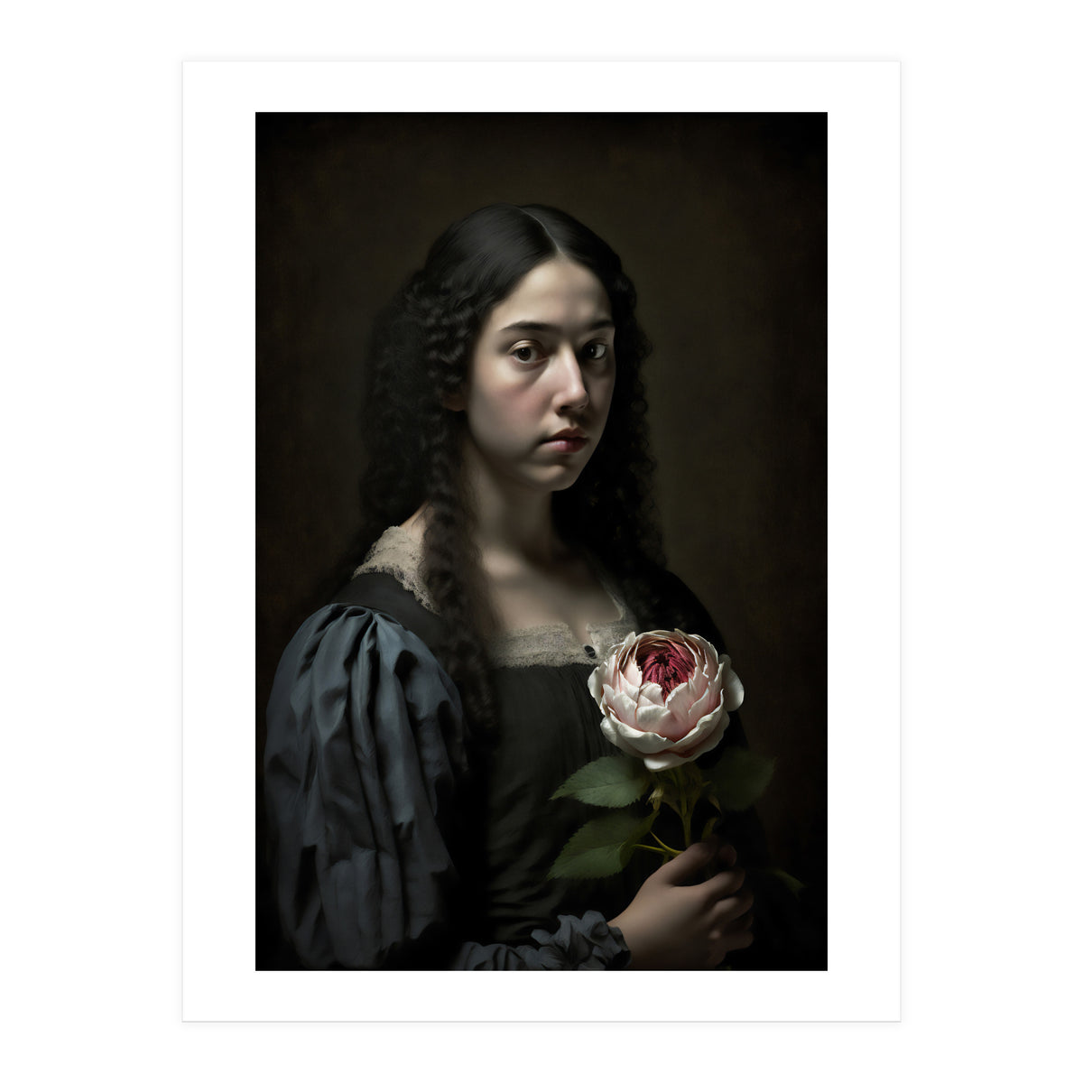 Sad Young Woman Moody Vintage Dark Painting (Print Only)