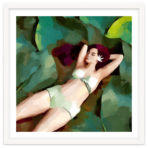 The Moment of Peace, Girl Woman on Lotus Leaf, Tropical Nature Botanical Watercolor Bohemian Painting by 83 Oranges