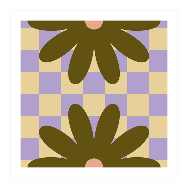 Retro Geometric Simple Flower on Checkerboard (Print Only)