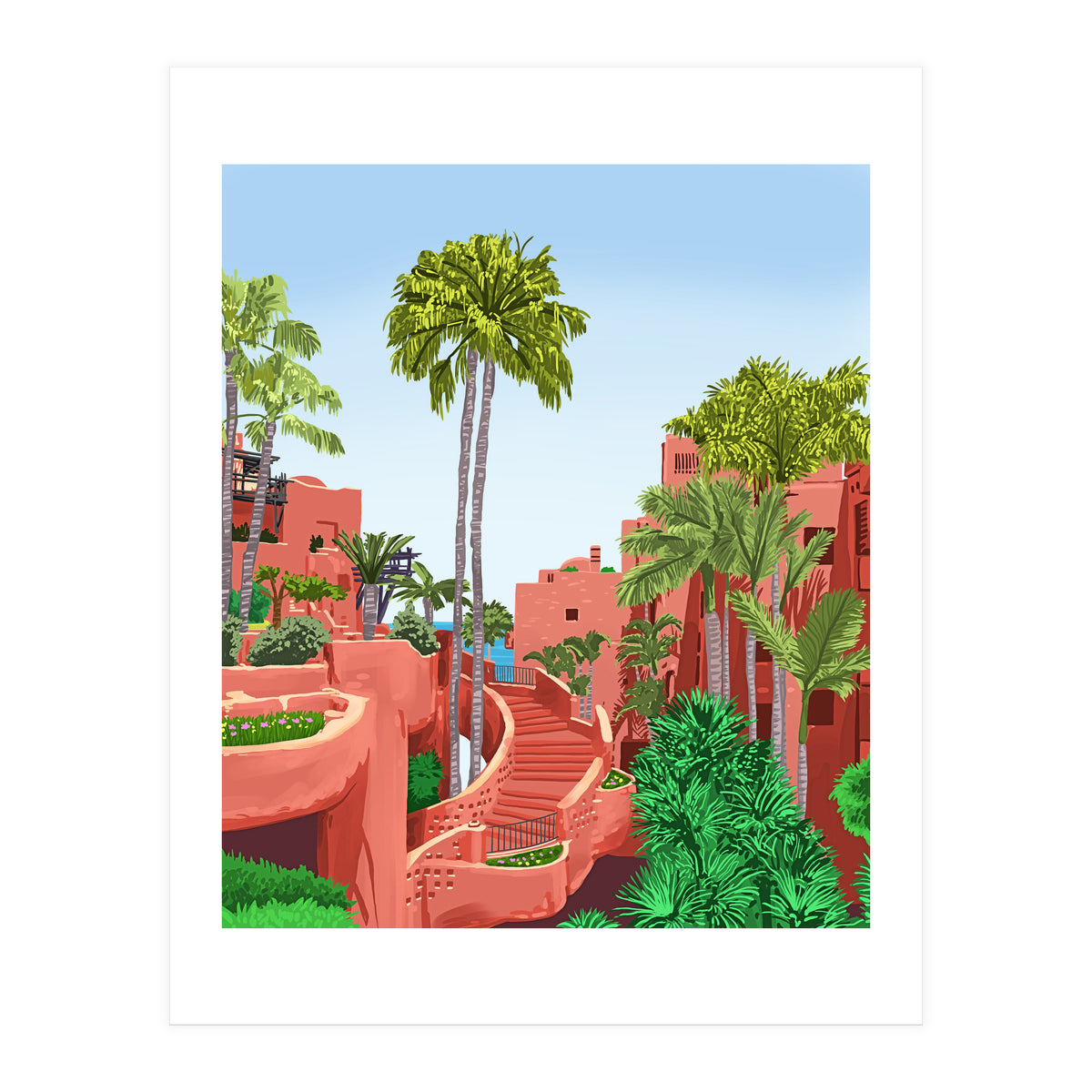 Tropical Architecture, Mexico Exotic Places Building Illustration Bohemian Painting Palm (Print Only)