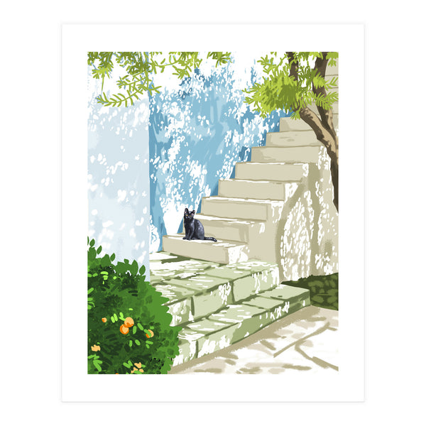 Black cat on the steps Poster, Greece Santorini summer travel pet painting (Print Only)