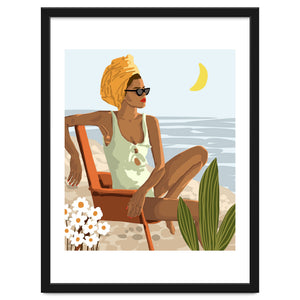 Moon Child, Beach Vacation, Black Woman Illustration Travel Ocean, Tropical Bohemian Fashion by 83 Oranges