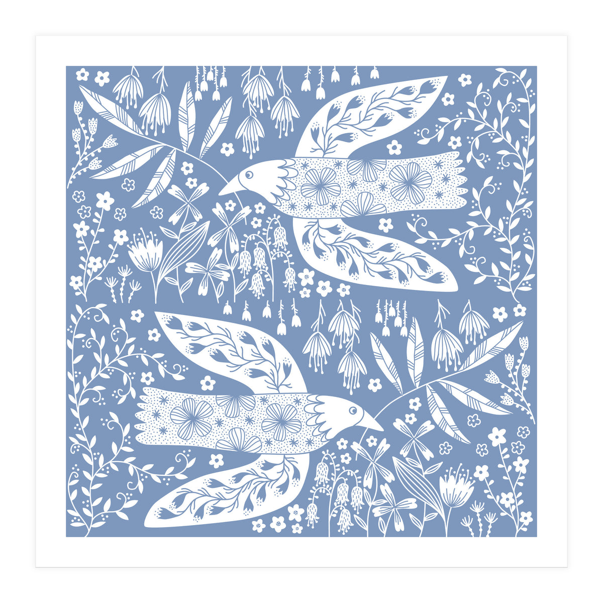 Doves And Flowers White On Blue (Print Only)