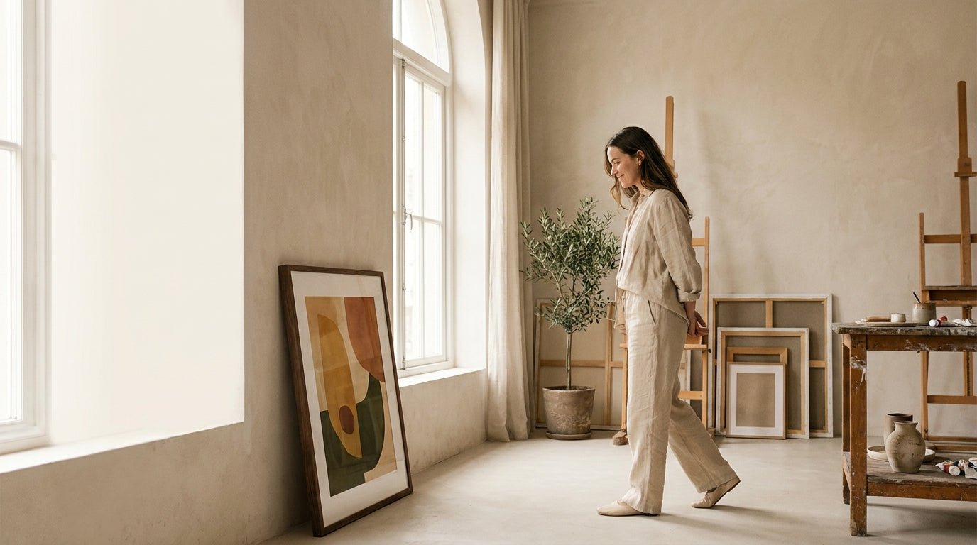 An artist in their studio with one of their framed prints