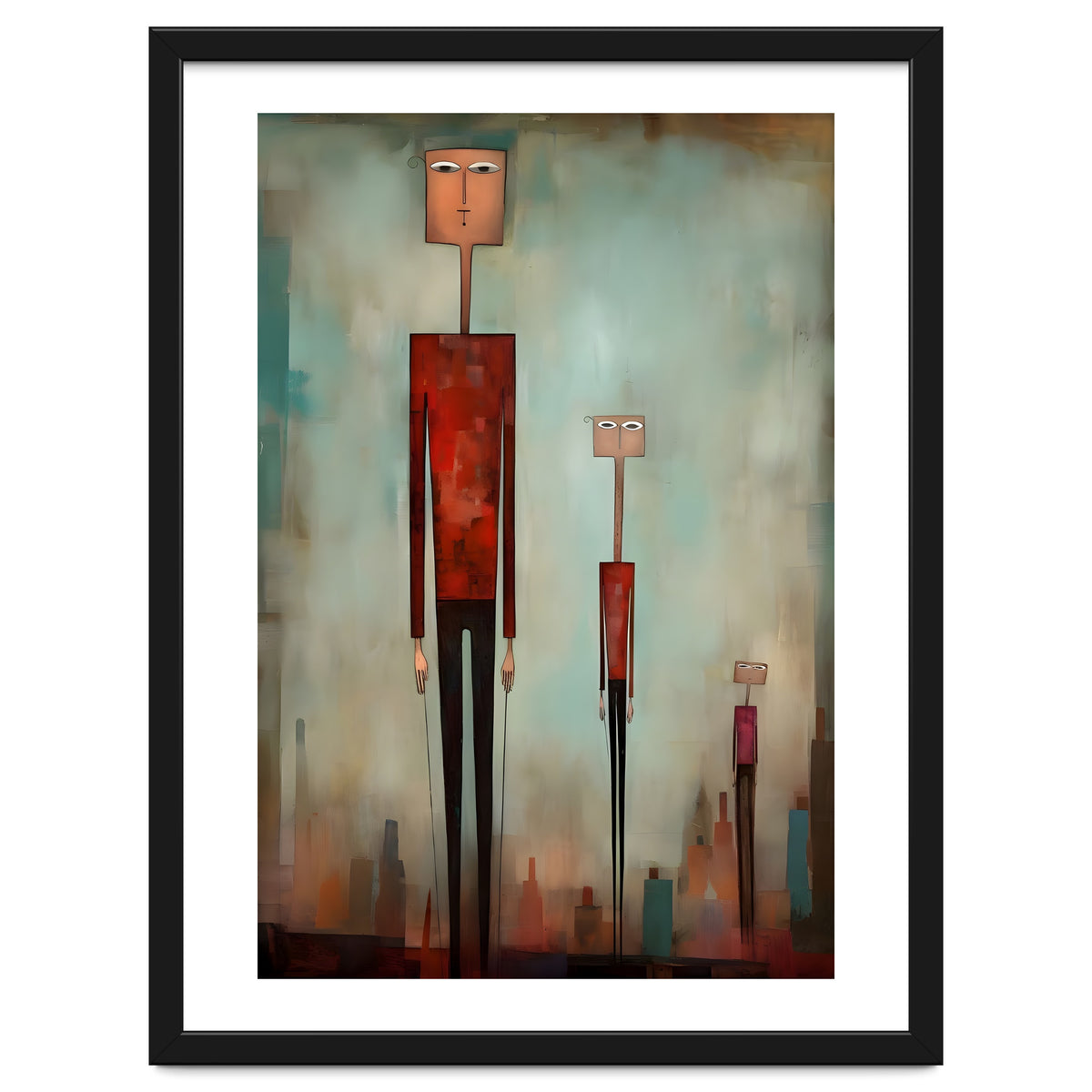 CITY HEIGHTS, three human-like forms of differing heights loom over the city below.