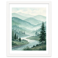 Serene Misty Mountain Valley Watercolor Painting