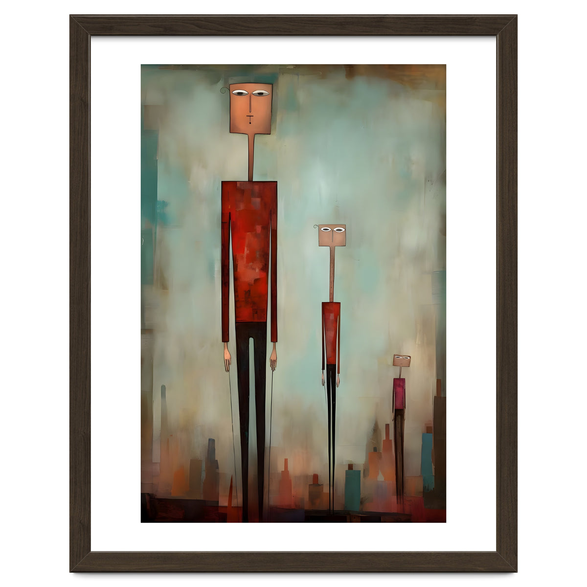 CITY HEIGHTS, three human-like forms of differing heights loom over the city below.