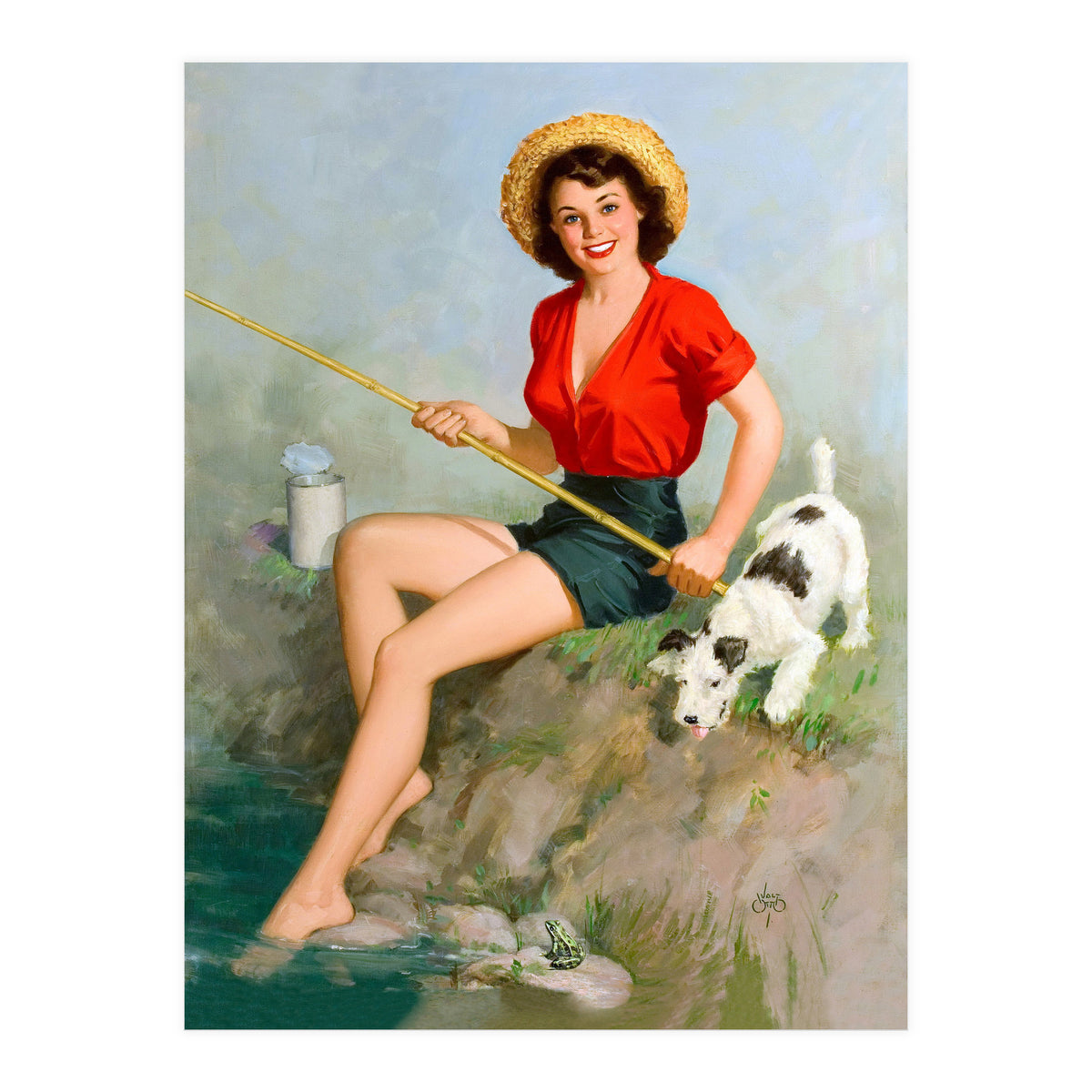 Pinup Girl Fishing With Her Dog (Print Only)