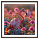 Pink Flamingo Standing In A Field Of Flowers thumbnail