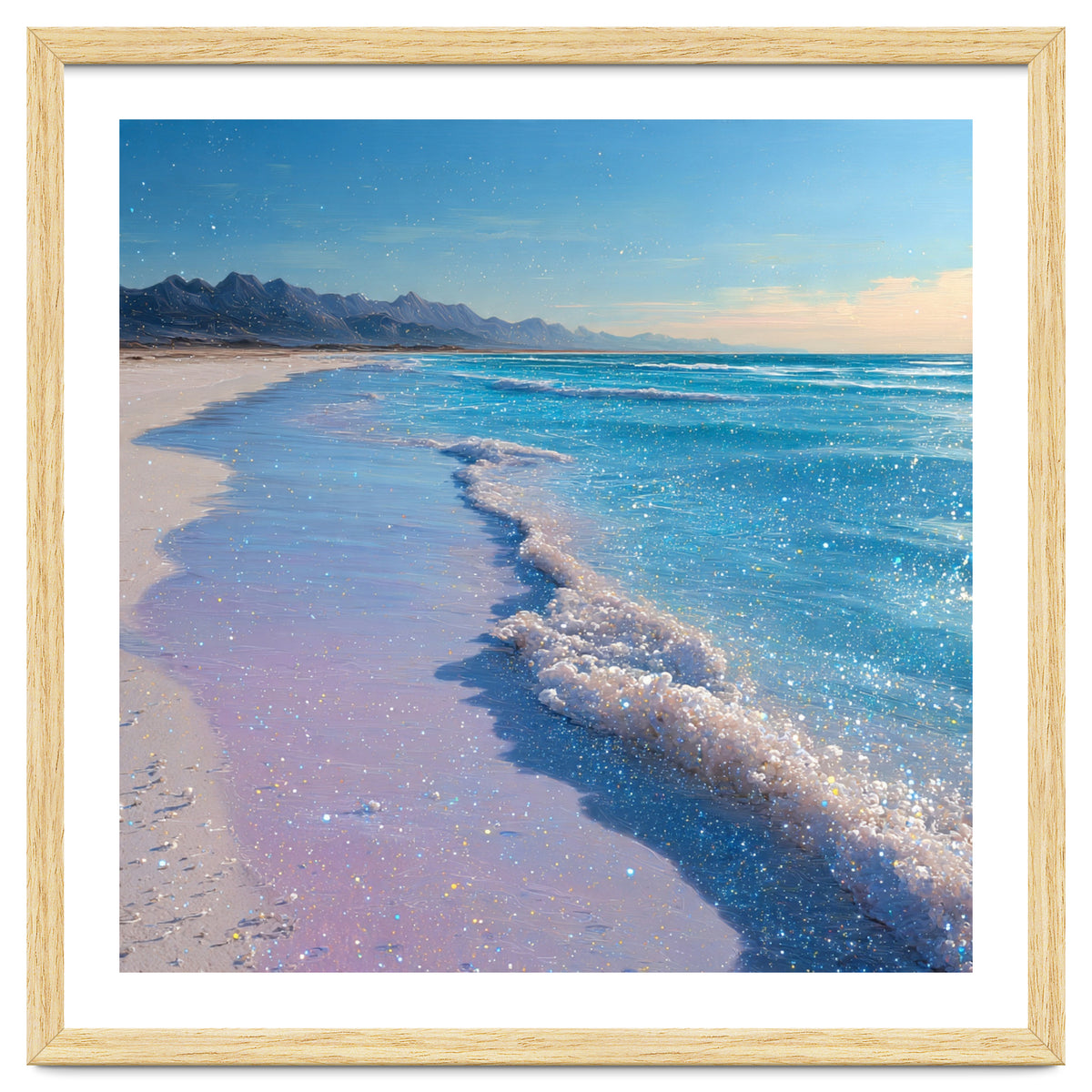 Sparkling Pastel Shoreline with Glittering Turquoise Waves