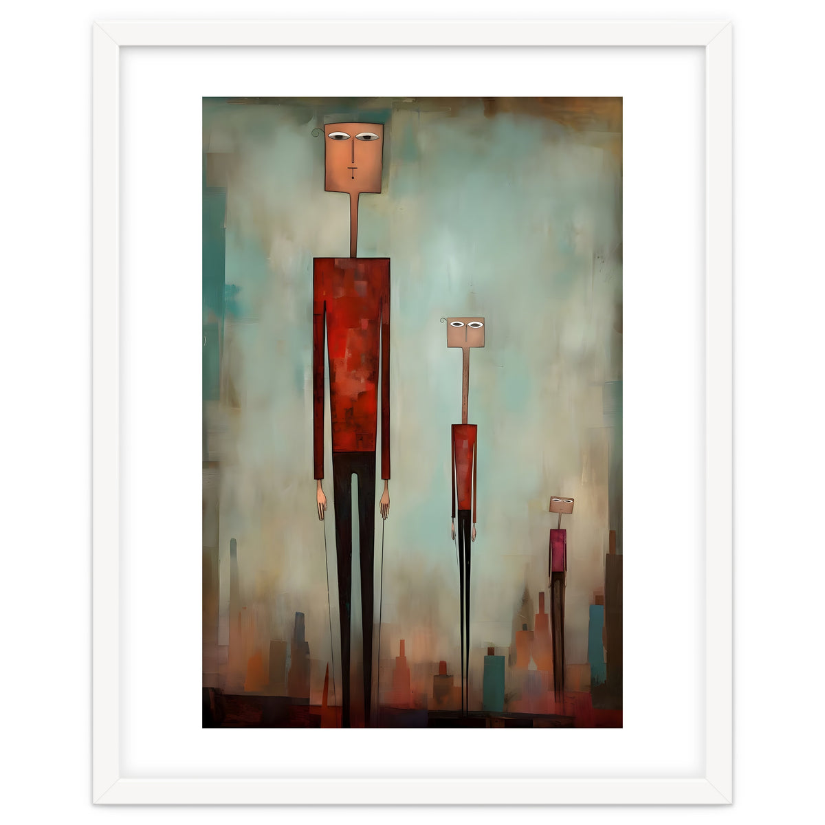 CITY HEIGHTS, three human-like forms of differing heights loom over the city below.