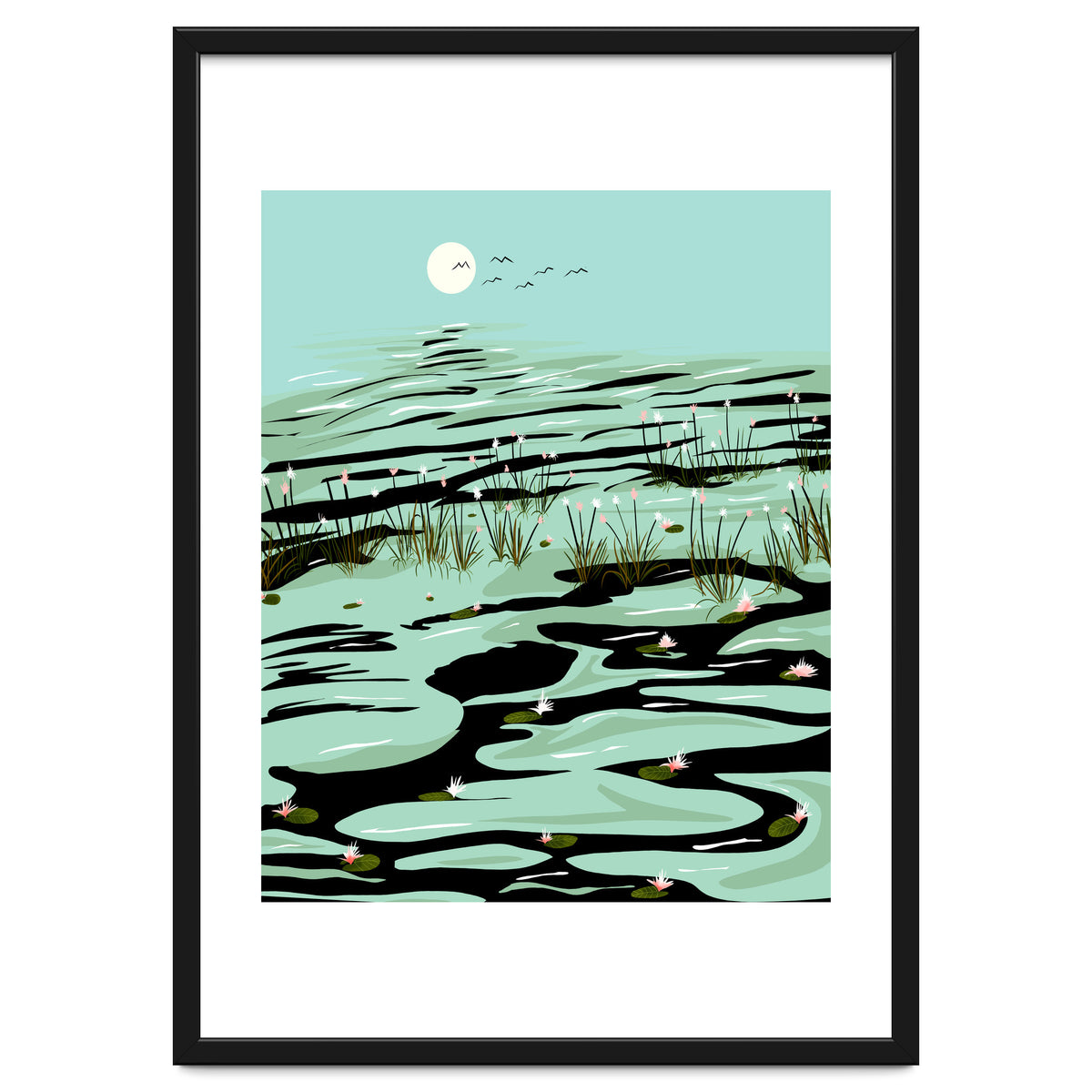 Dreamy Lake, Pastel Nature Botanical Jungle Landscape, Travel Pond Forest Plants Bohemian, Eclectic Scenic