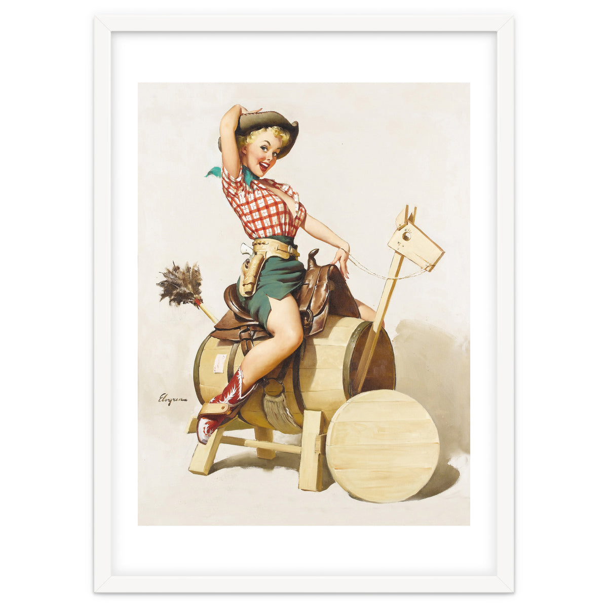 Pinup Cowgirl Riding A Wooden Horse Made Of Barrel