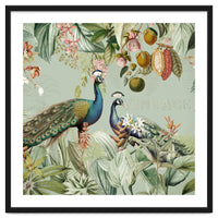 Vintage Exotic Asian Peacocks In Tropical Jungle Landscape