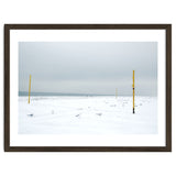 Seagulls in between the volleyball poles in winter snow beach thumbnail