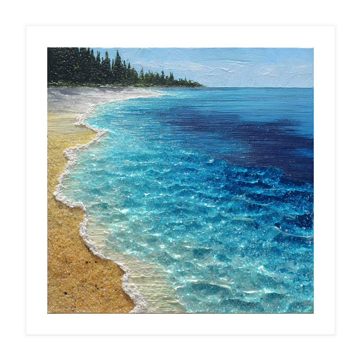 Sun-Drenched Coastal Shoreline with Textured Impasto Waves (Print Only)