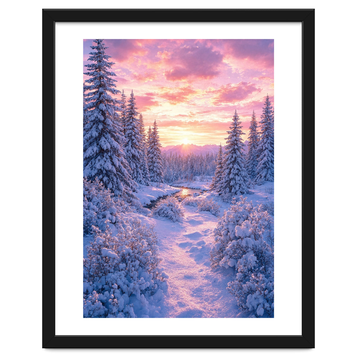 Winter Sunset Glow: Serene Snowy Forest and Frozen Creek