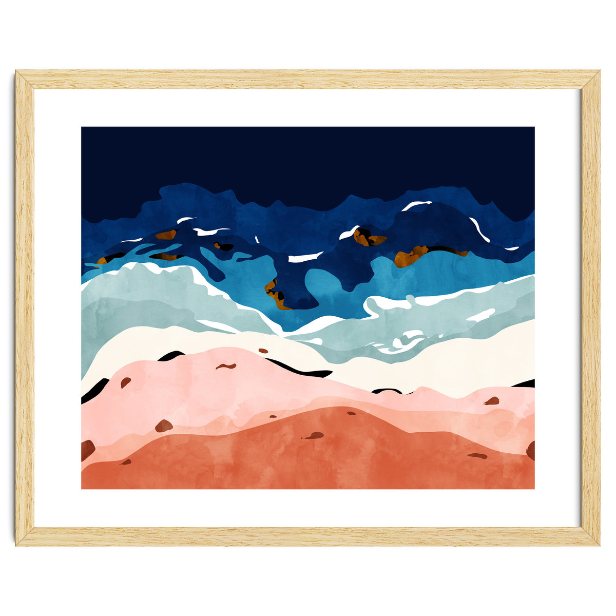 Ocean Heart, Abstract Sea Waves, Tropical Travel Watercolor Painting, Eclectic Bohemian Beach Nature