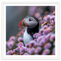 Atlantic Puffin Amidst Pink Heather Flowers