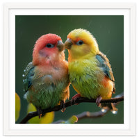 Two Lovebirds Perched On A Branch In Rain