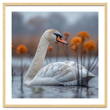 White Swan Swimming In A Lake With Reeds thumbnail