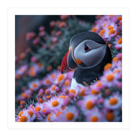 Puffin Bird Among Pink Flowers  (Print Only)