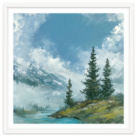 Ethereal Alpine River Valley with Snow-Capped Mountains
