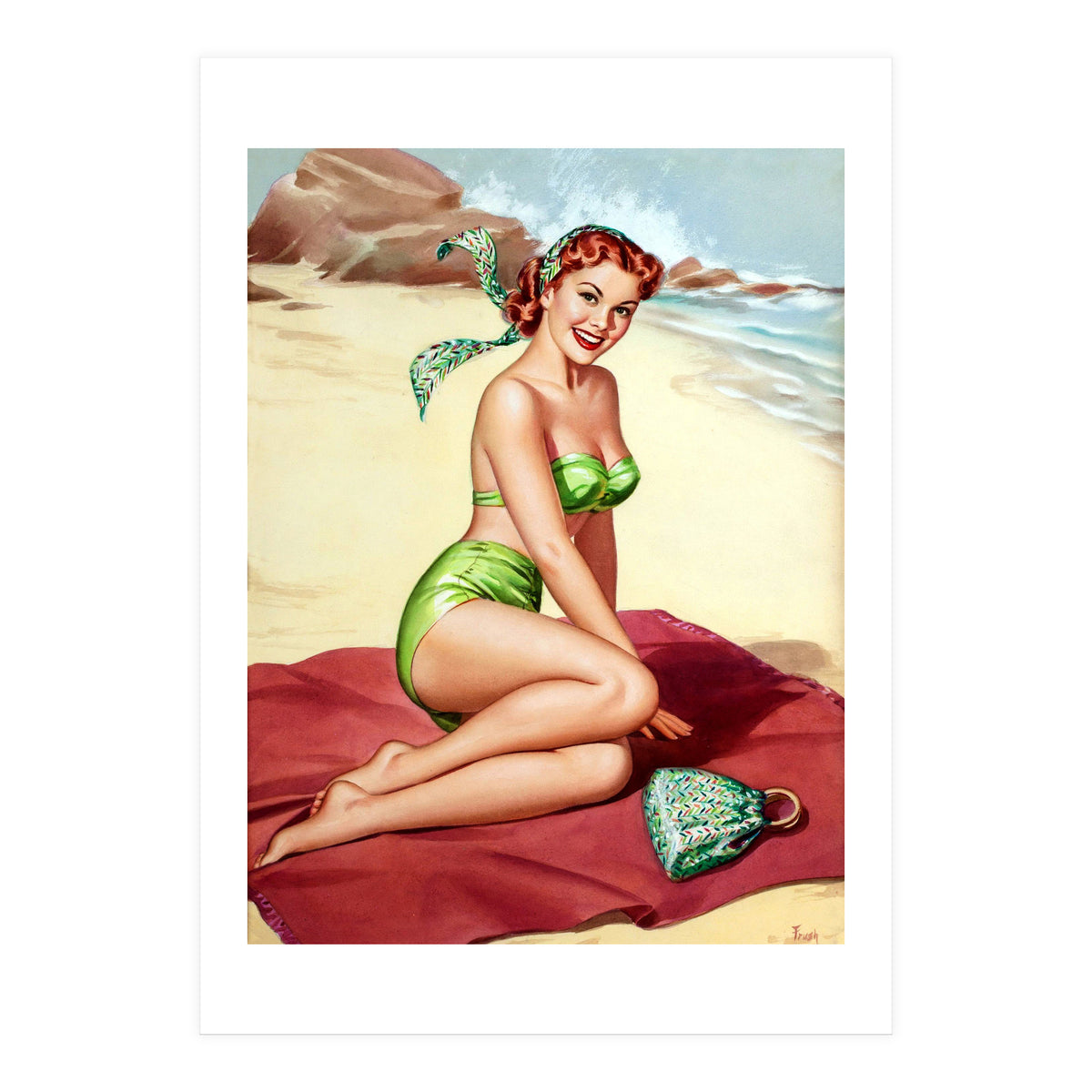 Smiling Pinup Sexy Girl On The Beach (Print Only)