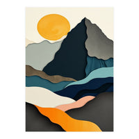 Minimalist Layered Mountain Landscape with Golden Sun (Print Only)
