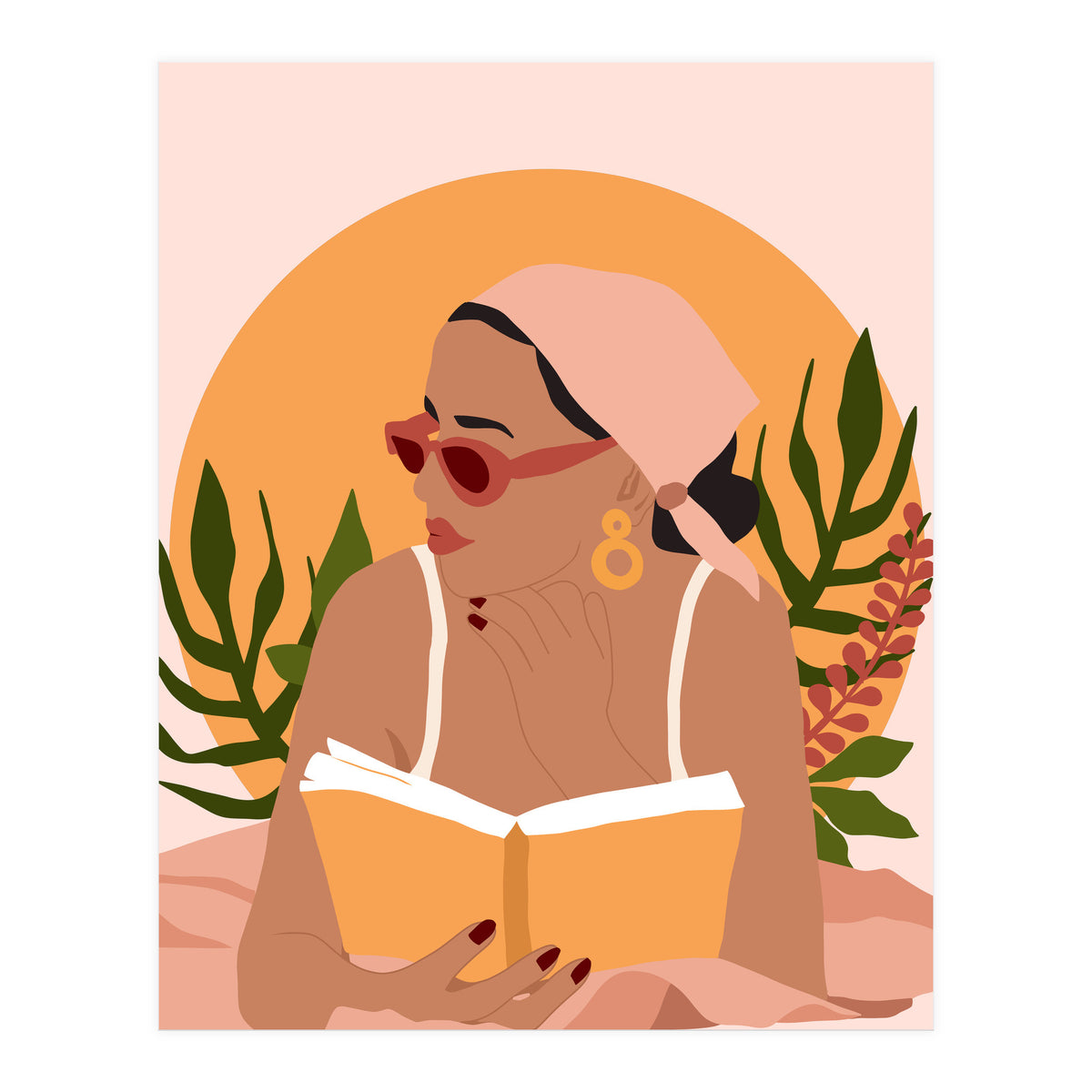 Bohemian Summer, Modern Boho Girl Reader, Books Read Self Care Self Love, Travel Hippie Nomad Black Woman (Print Only)