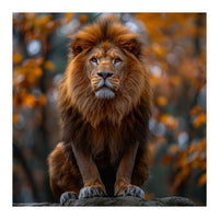 Majestic Lion Sitting On A Rock In Autumn Forest (Print Only)