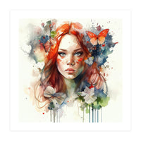 Watercolor Floral Red Hair Woman #7 (Print Only)
