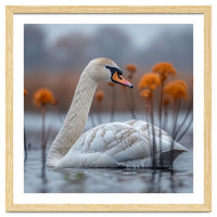 White Swan Swimming In A Lake With Reeds