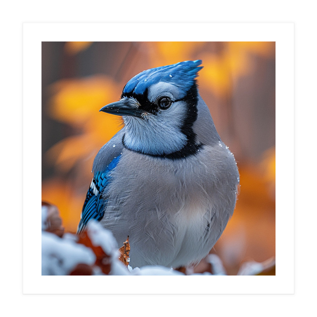 Blue Jay Bird In Winter Snowfall And Leaves (Print Only)