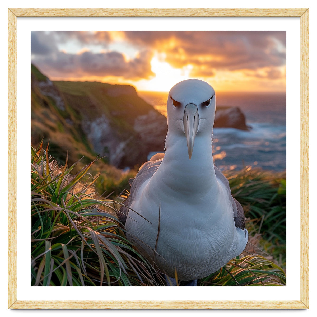 Albatross Bird On Grassy Cliff At Sunset