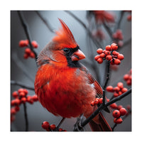 Northern Cardinal Bird Perched Among Red Berries (Print Only)
