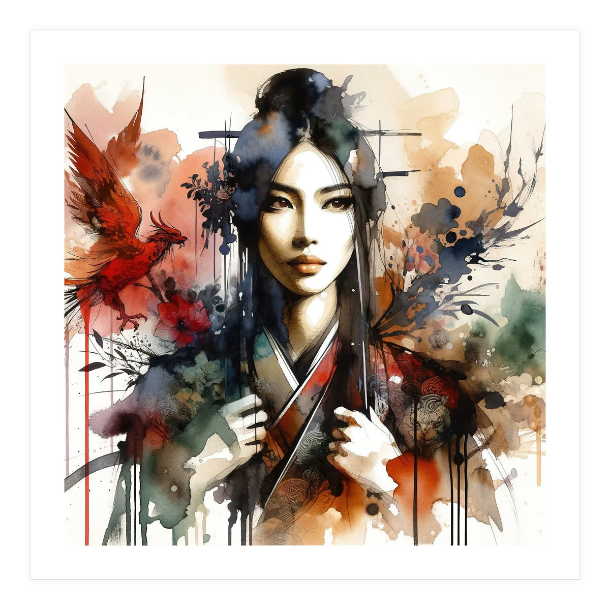 Phoenix Spirit Asian Warrior Portrait (Print Only)