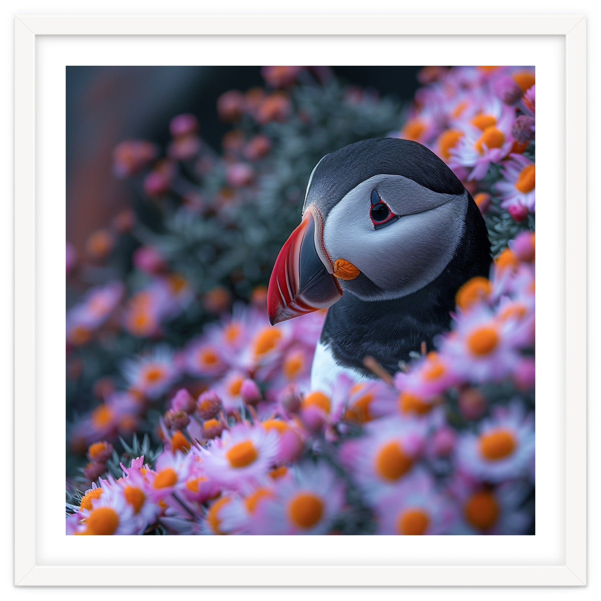 Puffin Bird Among Pink Flowers