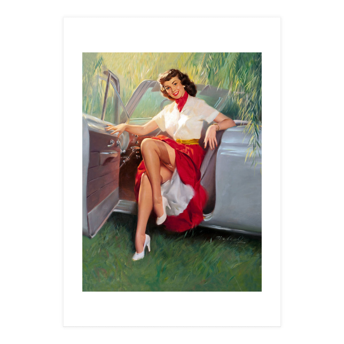 Sexy Pinup Woman Posing In Convertible Car (Print Only)