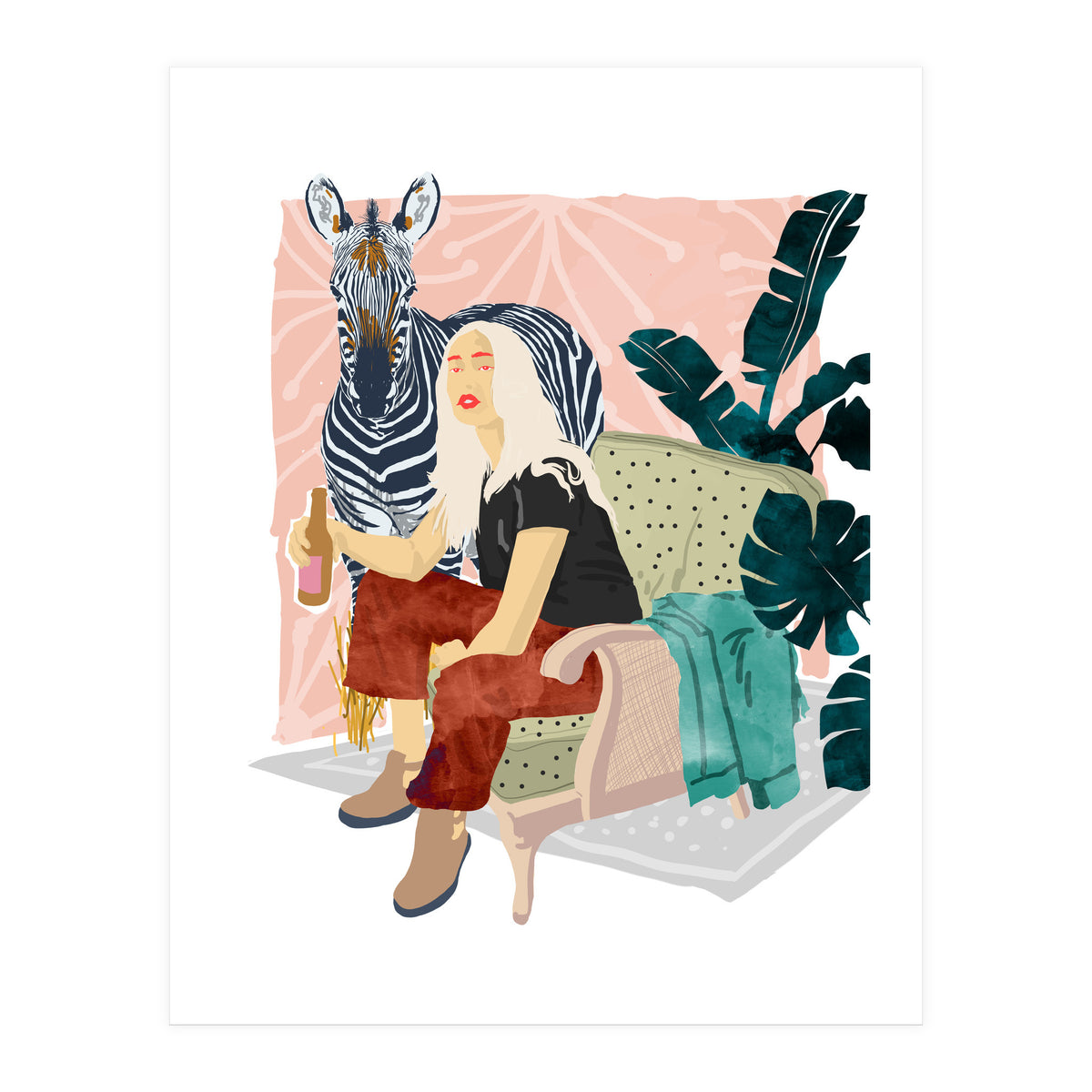 Zebra Hangout | Wildlife Urban Jungle Décor | Banana Leaves Monstera Plant Lady Fashion  (Print Only)