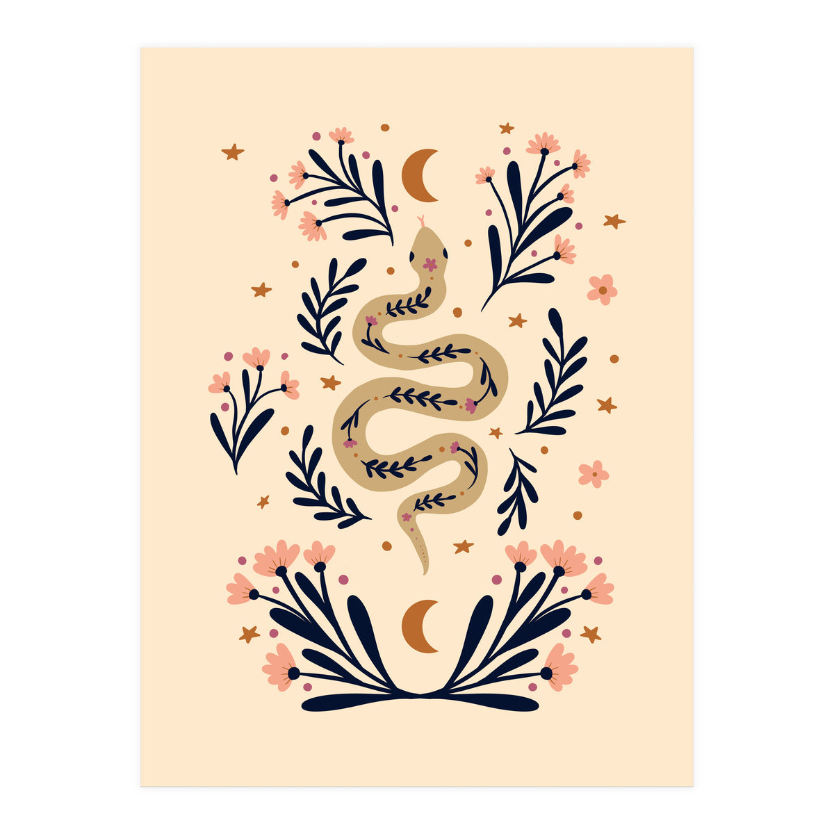Snake And Flowers Beige And Indigo (Print Only)