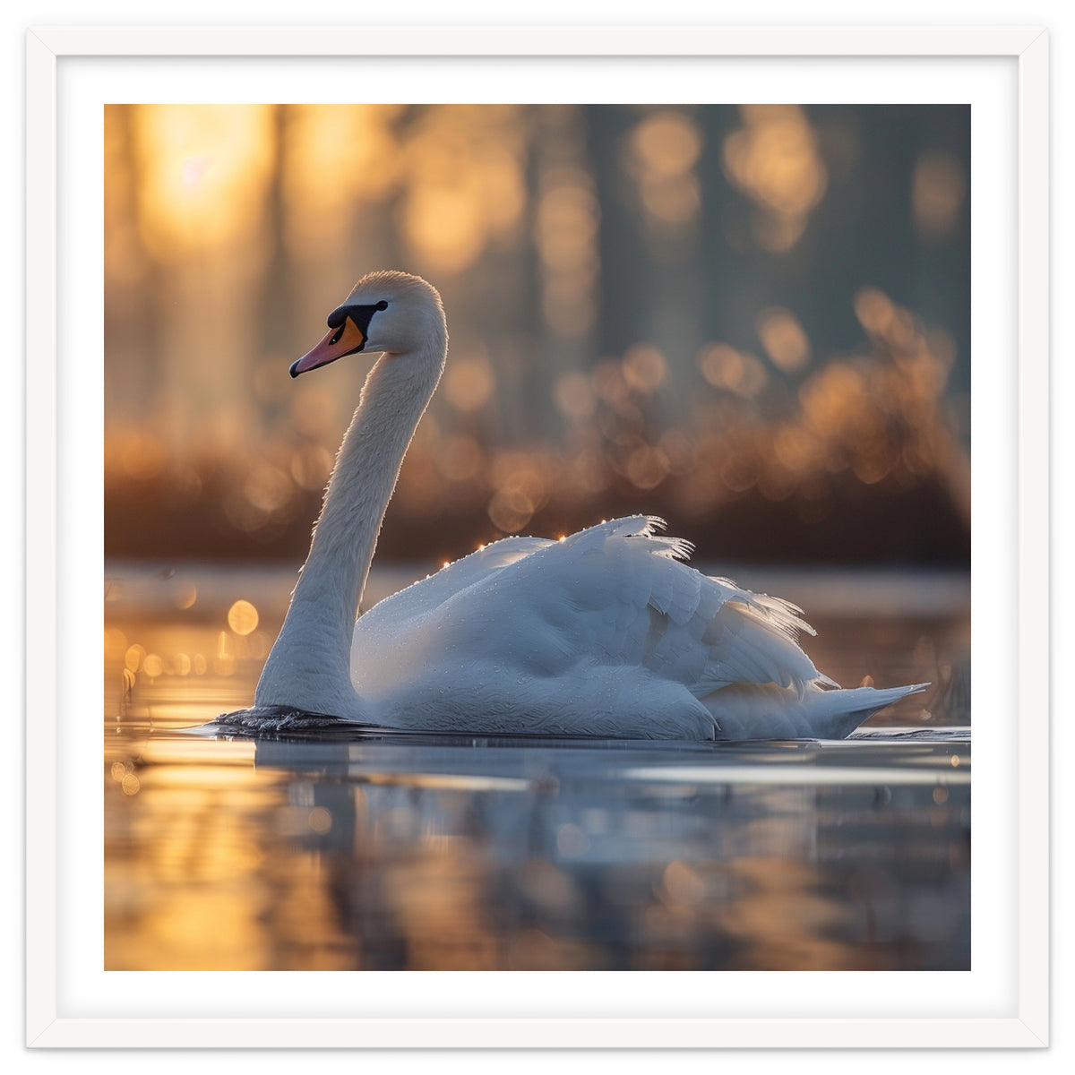 Majestic Swan Gliding On Water At Sunset