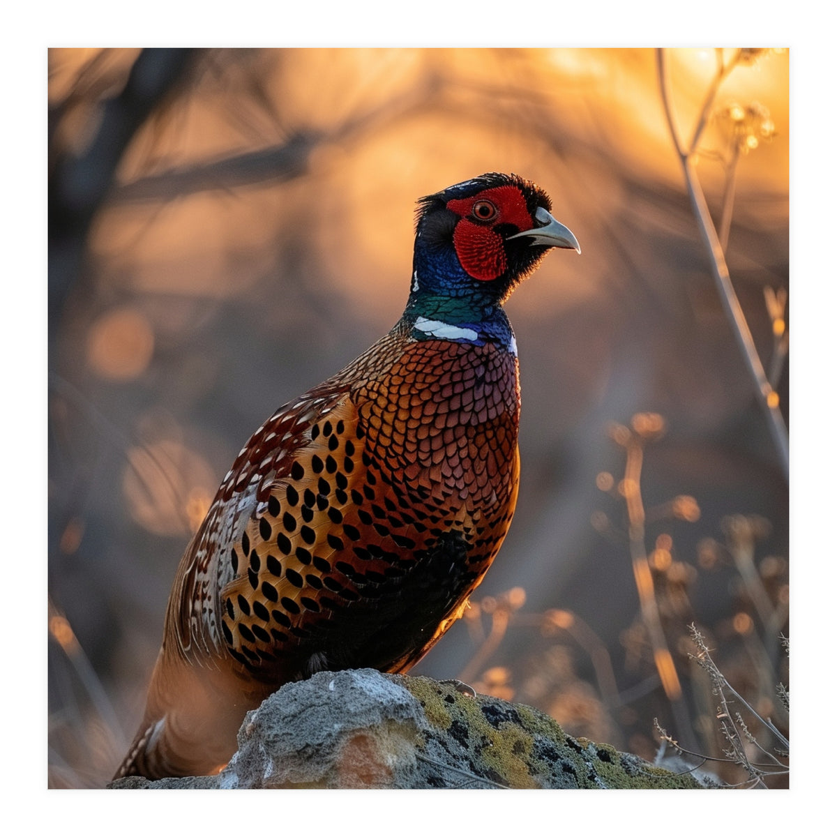 Pheasant Bird Standing On Rock Sunrise Light (Print Only)